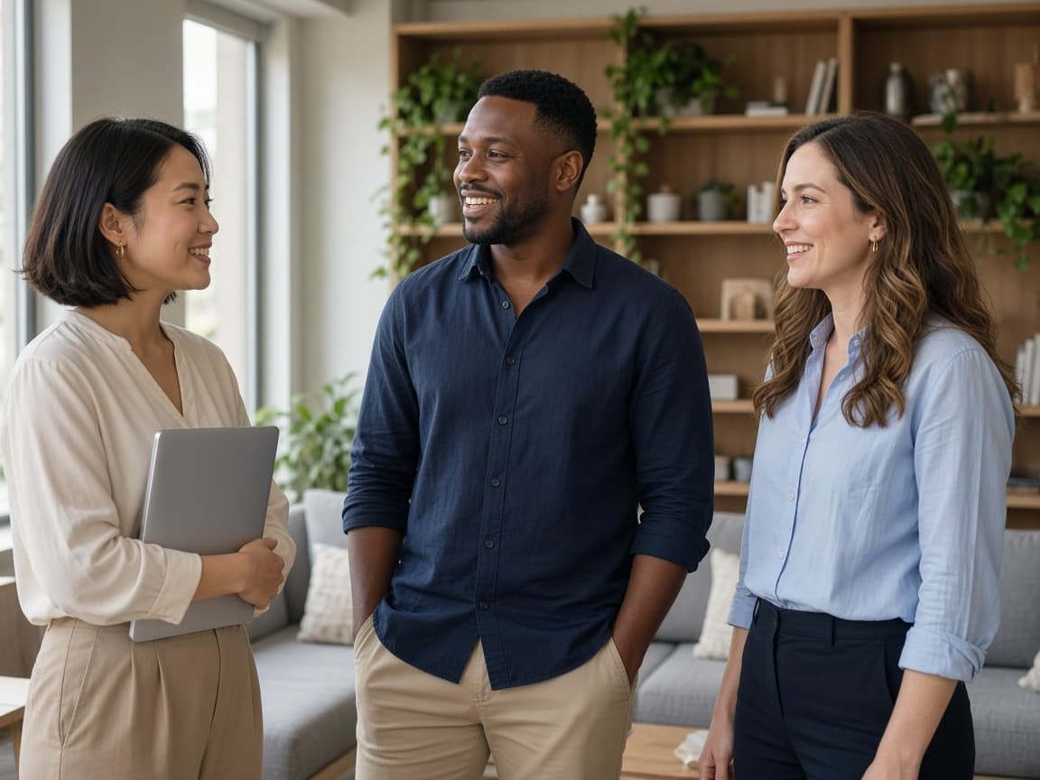 Colleagues talking together in an office lounge